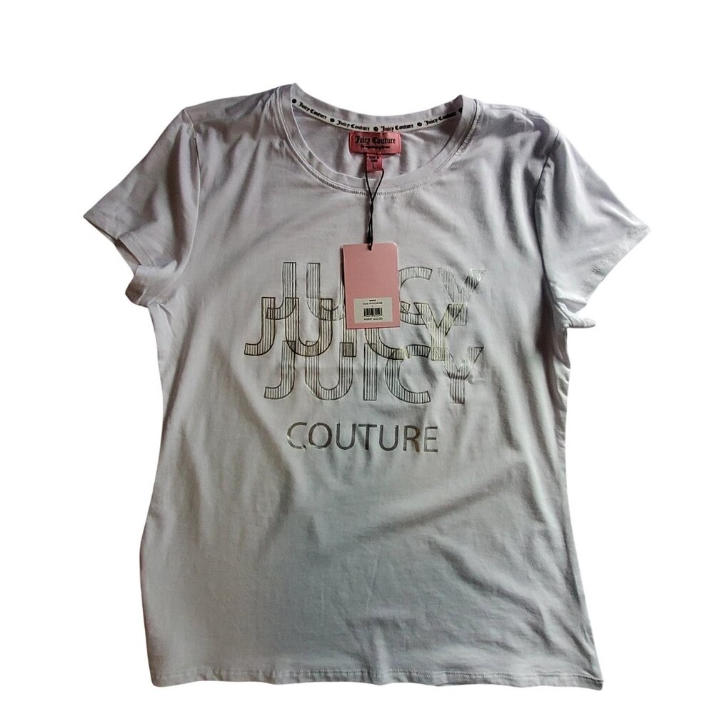 Juicy Couture Womens White T-Shirt With Metallic Logo Print Lightweight Size L